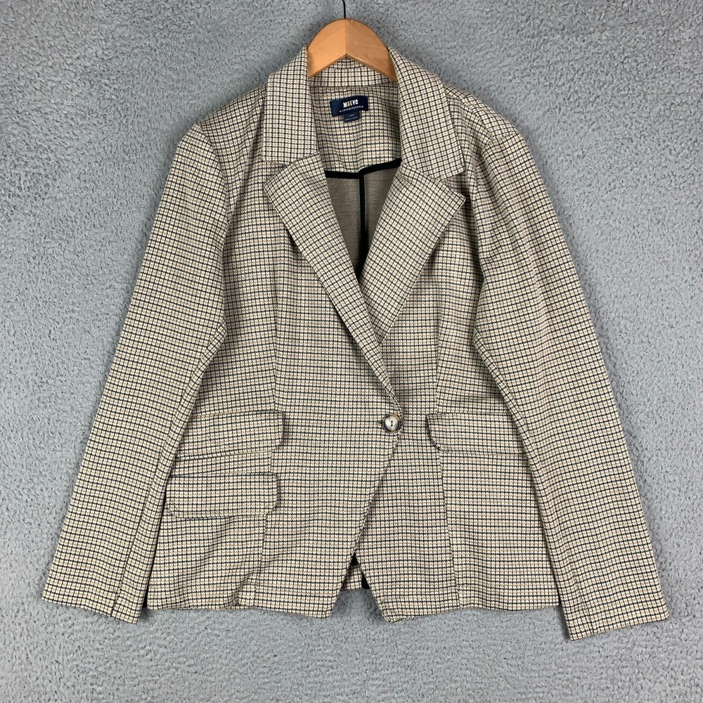 Anthropologie Maeve Collegiate Blazer Women's Large Tan Plaid Knit Asymmetrical - Picture 5 of 14
